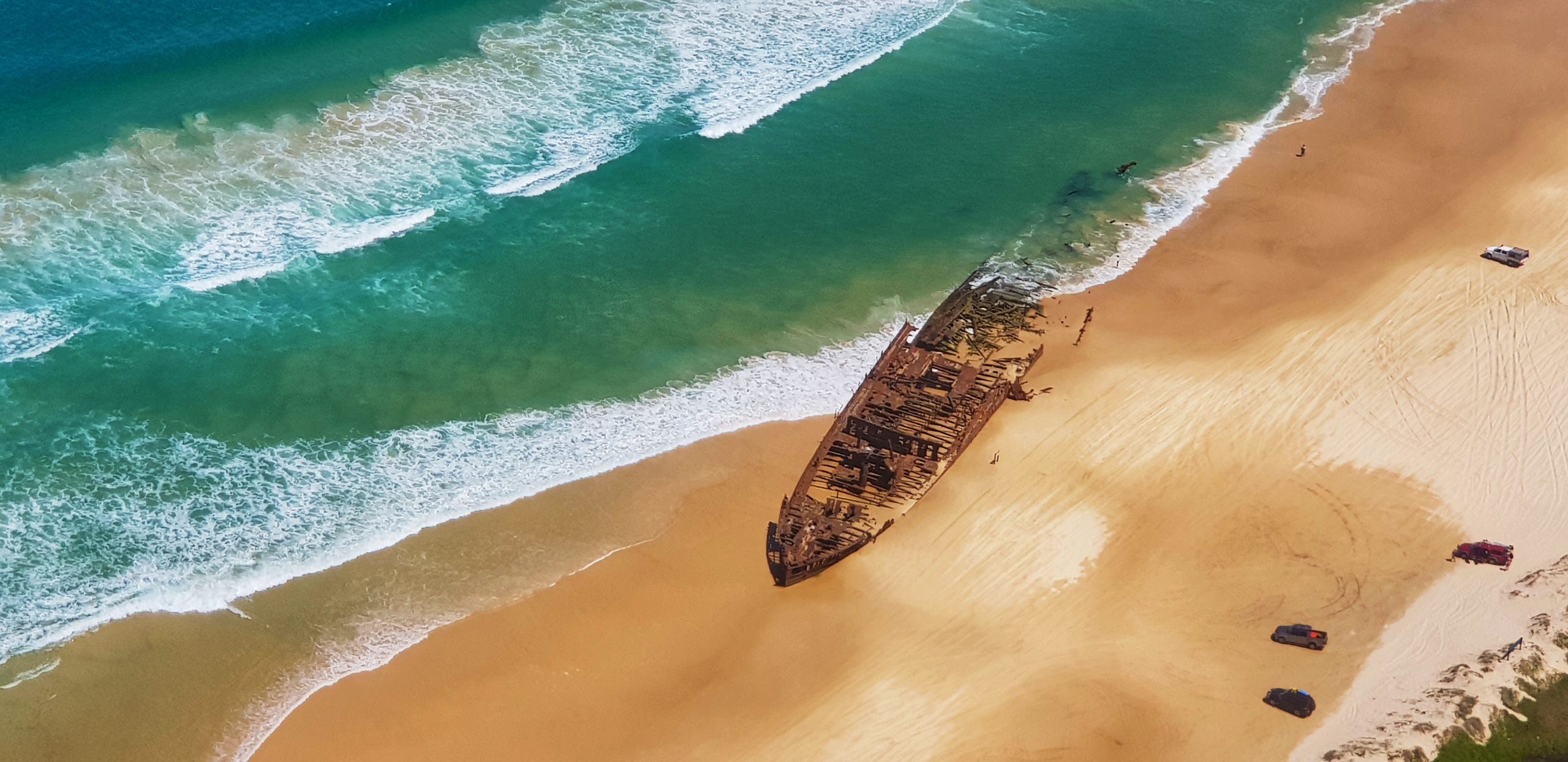 An aerial view of the SS Maheno Shipwreck from an Air Fraser Flight on KGari Australia