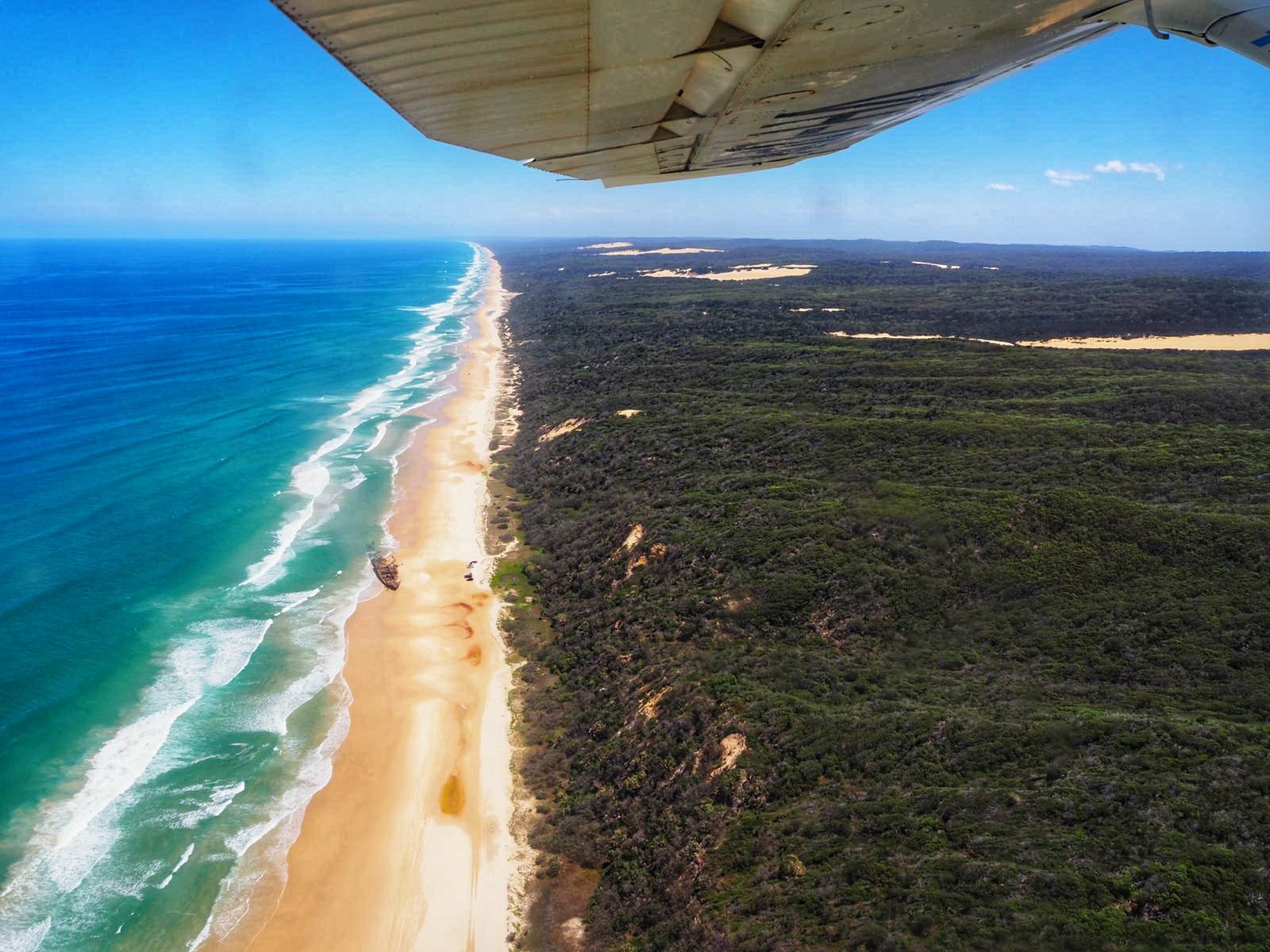 Aerial view of the 75 mile beach from an Air Fraser Island Flight on KGari Australia 