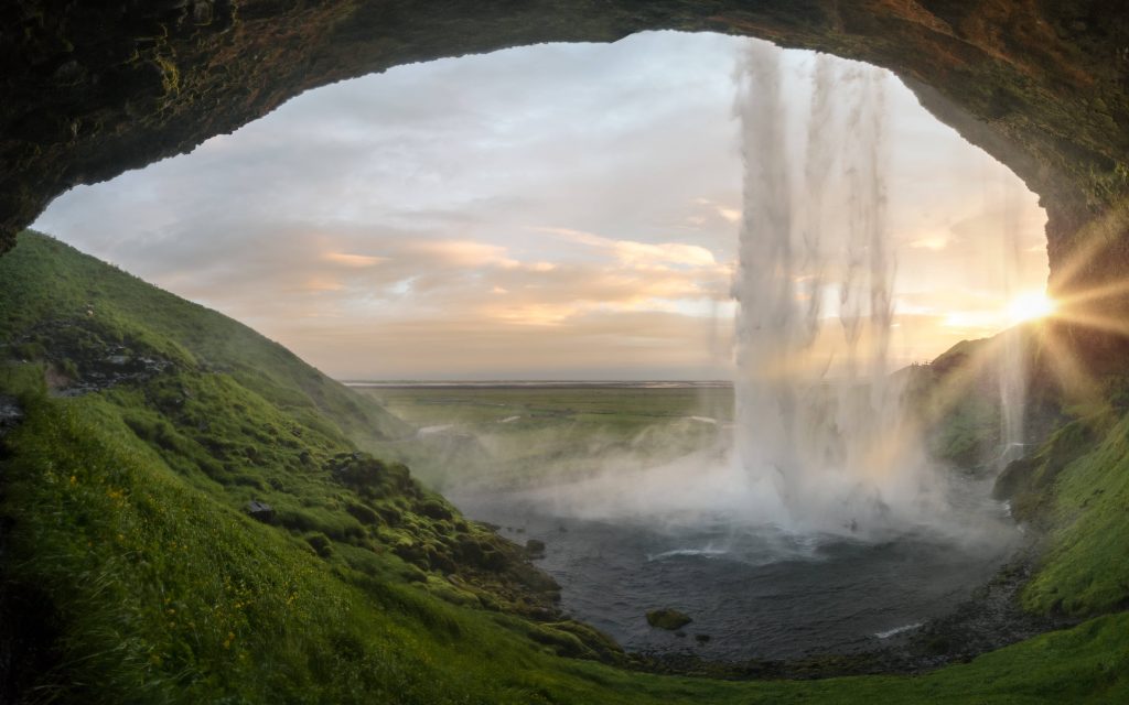 Seljalandsfoss Interior Seljalandsfoss waterfall on Iceland's Golden Circle during sunset