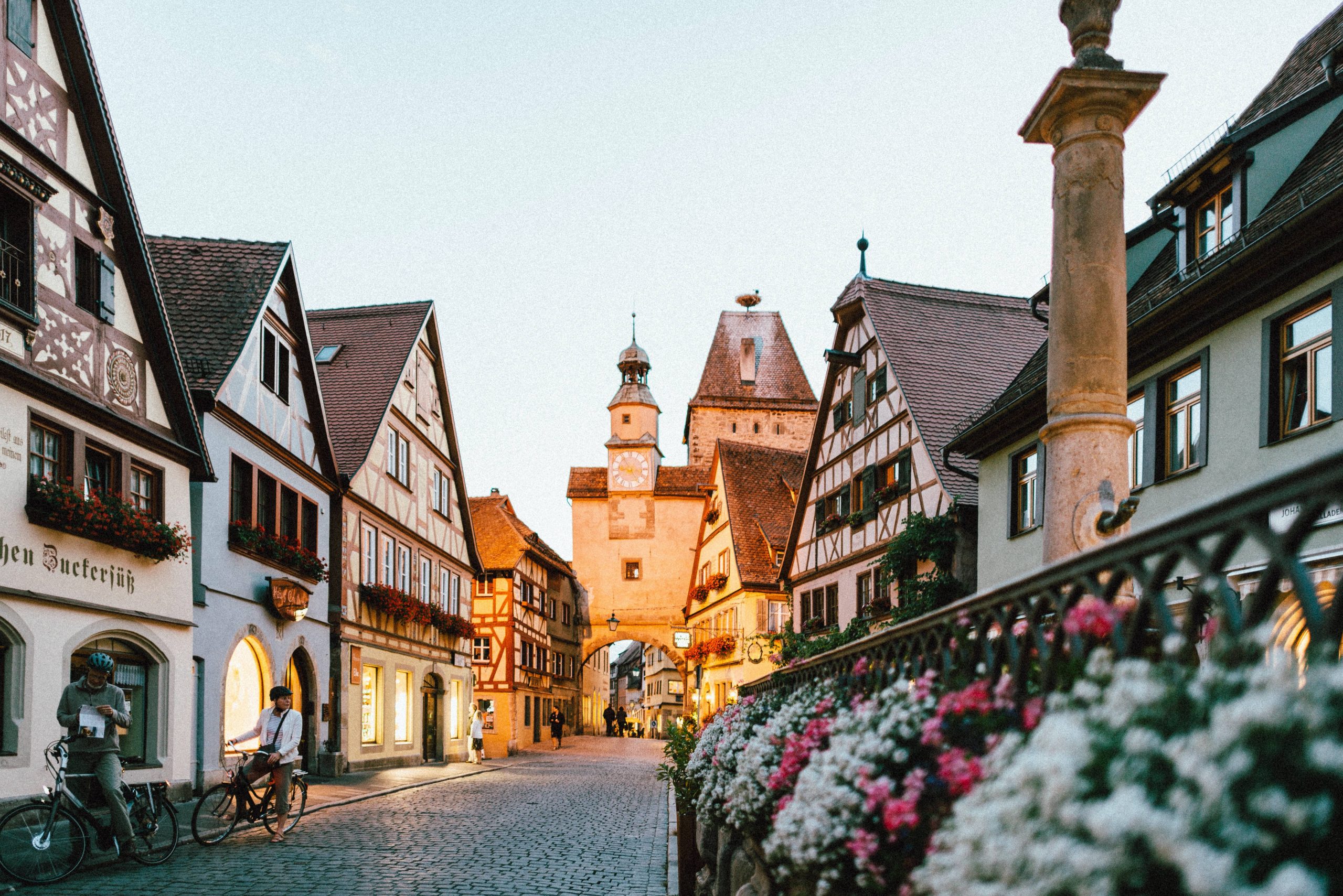Flower lined streets in Rothenburg, Germany in Europe for ETIAS Guide