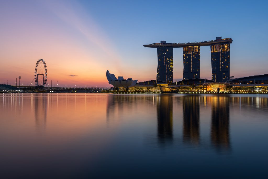 Marina-Bay-Sands-Night-1 View of the Marina Bay Sands Hotel in Singapore at sunset