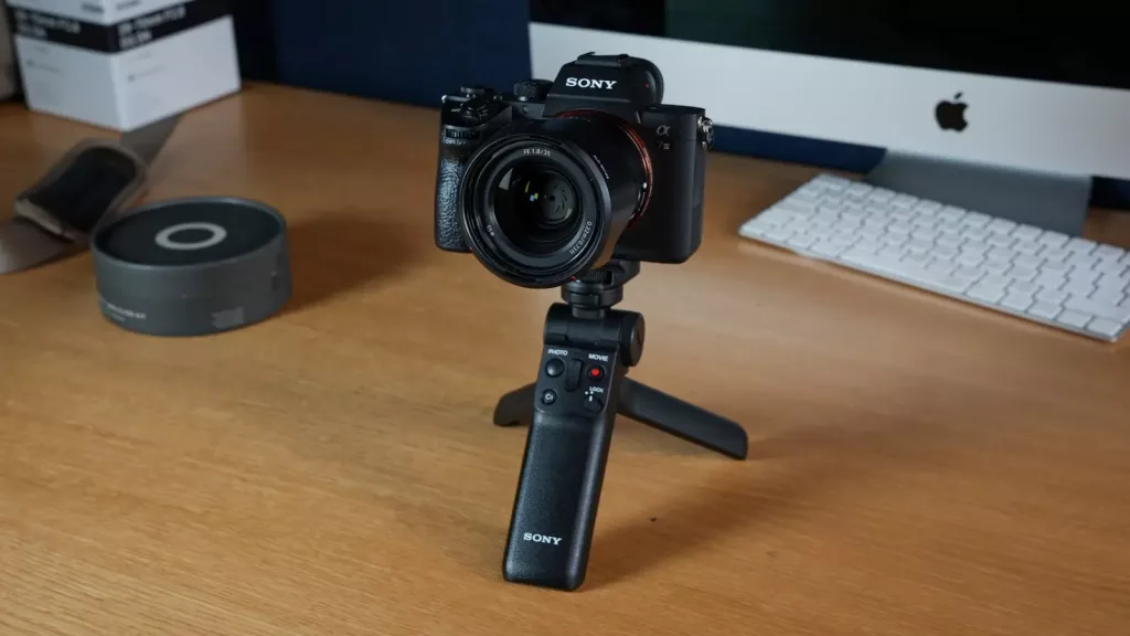 Sony GP-VPT2BT Grip with Camera 16x9 Sony GP-VPT2BT Grip Mount Tripod with Sony A7III Camera