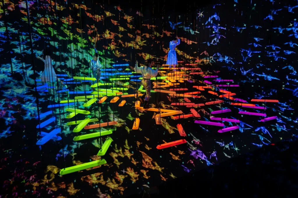 Aerial Climbing through a Flock of Colored Birds_2025Planets-02 teamLab, Aerial Climbing through a Flock of Colored Birds © teamLab