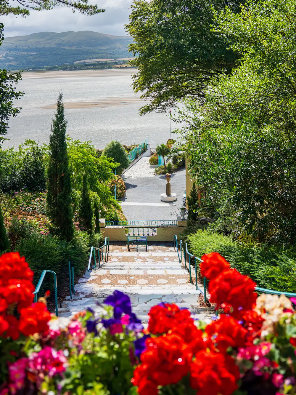 Portmeirion-2 3x4 Flower-filled gardens and steps overlooking the Dwyryd Estuary from Portmeirion in North Wales.