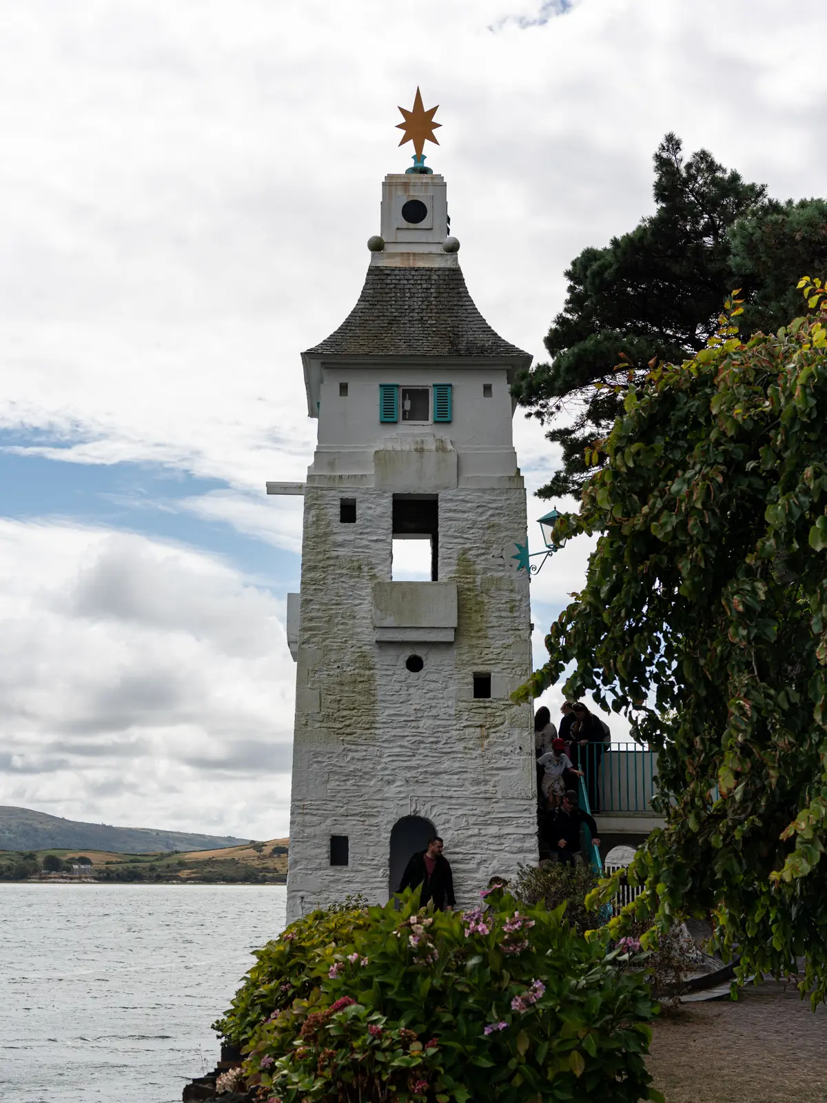 Portmeirion Tower 3x4 White tower at Portmeirion overlooking the Dwyryd Estuary, topped with its distinctive golden star.